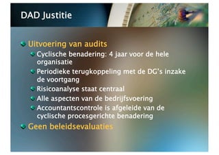 DAD Justitie



   Uitvoering van audits
  
   Cyclische benadering: 4 jaar voor de hele
      organisatie
  
   Periodieke terugkoppeling met de DG’s inzake
      de voortgang
  
   Risicoanalyse staat centraal
  
   Alle aspecten van de bedrijfsvoering
  
   Accountantscontrole is afgeleide van de
      cyclische procesgerichte benadering

   Geen beleidsevaluaties
 