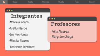 Integrantes
-Melvin Almerco
-Arellys Barba
-Luz Henriquez
-Miluska Alvarez
-Anderson Terrones
Monday Tuesday Wednesday Thursday Friday Homework
Profesores
Félix Álvarez
Mary Junchaya
 