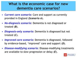 • Current care scenario: Care and support as currently
provided in England (Scenario A).
• No-diagnosis scenario: Dementia...