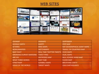 WEB SITES
DIGIMAP ANIMAPS SHIPFINDER
GOOGLE EARTH MAPPY STEP MAP
SETERRA BING MAPS NAT GEOGRAPHICAL GIANT MAPS
WORLDMAPPER SKETCHMAPS TRAVEL TIP COUNTRIES MAP
MAP FIGHT REAL TIME TWITTER TWEETS VIVID MAPS
ORDNANCE SURVEY MAPZONE TWEET PING DUAL MAPS
ARC GIS ANTIPODES MAP NULL SCHOOL WIND MAP
WHAT THREE WORDS MAP TUBE FLOOD MAP
STREETMAP SCRIBBLE MAPS BREATHING EARTH
VIEWS OF THE WORLD TARGET MAPS USGS EARTHQUAKES
 