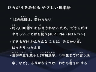 ひろがりをみせる やさしい日本語
•12の規則は、変わらない
き そ く か
•約2,000語では 伝えきれない ため、できるだけ
やく ご つた
やさしい ことばを使う(JLPT N4・N3レベル)
つか
•できるだけ かんたんな ことば、みじかい文、
ぶん
はっきり つたえる
•漢字の量を減らし(常用漢字、
⚪︎
年生までに習う漢
か ん じ りょう へ じょうよう か ん じ なら
字、など)、ふりがなをつけ、わかち書きに する
が
 