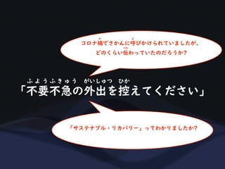 「不要不急の外出を控えてください」
ふ よ う ふ き ゅ う がいしゅつ ひか
コロナ禍でさかんに呼びかけられていましたが、
か よ
どのくらい伝わっていたのだろうか?
つた
「サステナブル・リカバリー」ってわかりましたか?
 