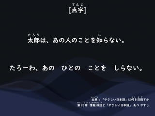 太郎は、あの人のことを知らない。
た ろ う し
たろーわ、あの ひとの ことを しらない。
[点字]
て ん じ
出典 : 「やさしい日本語」は何を目指すか
しゅってん な に め ざ
第15章 情報 保証と「やさしい日本語」 あべ やすし
だい しょう じょうほうほしょう
 