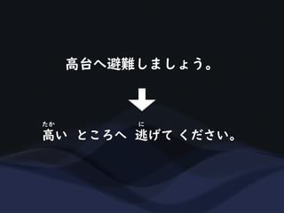 高台へ避難しましょう。
高い ところへ 逃げて ください。
たか に
 