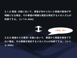 3.1.6 発音: 文脈において、発音が分からないと単語の意味が不
明瞭になる場合、その単語の明確な発音を特定するメカニズムが
利用できる。 (レベル AAA)
3.X.X 発音からの復号: 文脈において、発音から単語を特定でき
ない場合、その単語を特定するメカニズムが利用できる。 (レベ
ル AAA)
これは、ない
 
