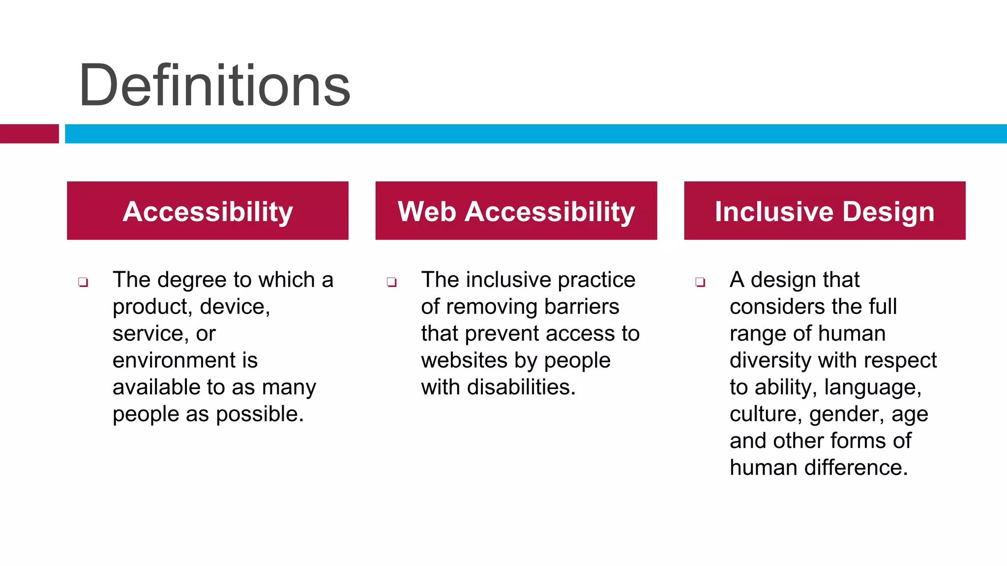 Definitions
❏ The degree to which a
product, device,
service, or
environment is
available to as many
people as possible.
❏ The inclusive practice
of removing barriers
that prevent access to
websites by people
with disabilities.
Accessibility Web Accessibility
❏ A design that
considers the full
range of human
diversity with respect
to ability, language,
culture, gender, age
and other forms of
human difference.
Inclusive Design
 