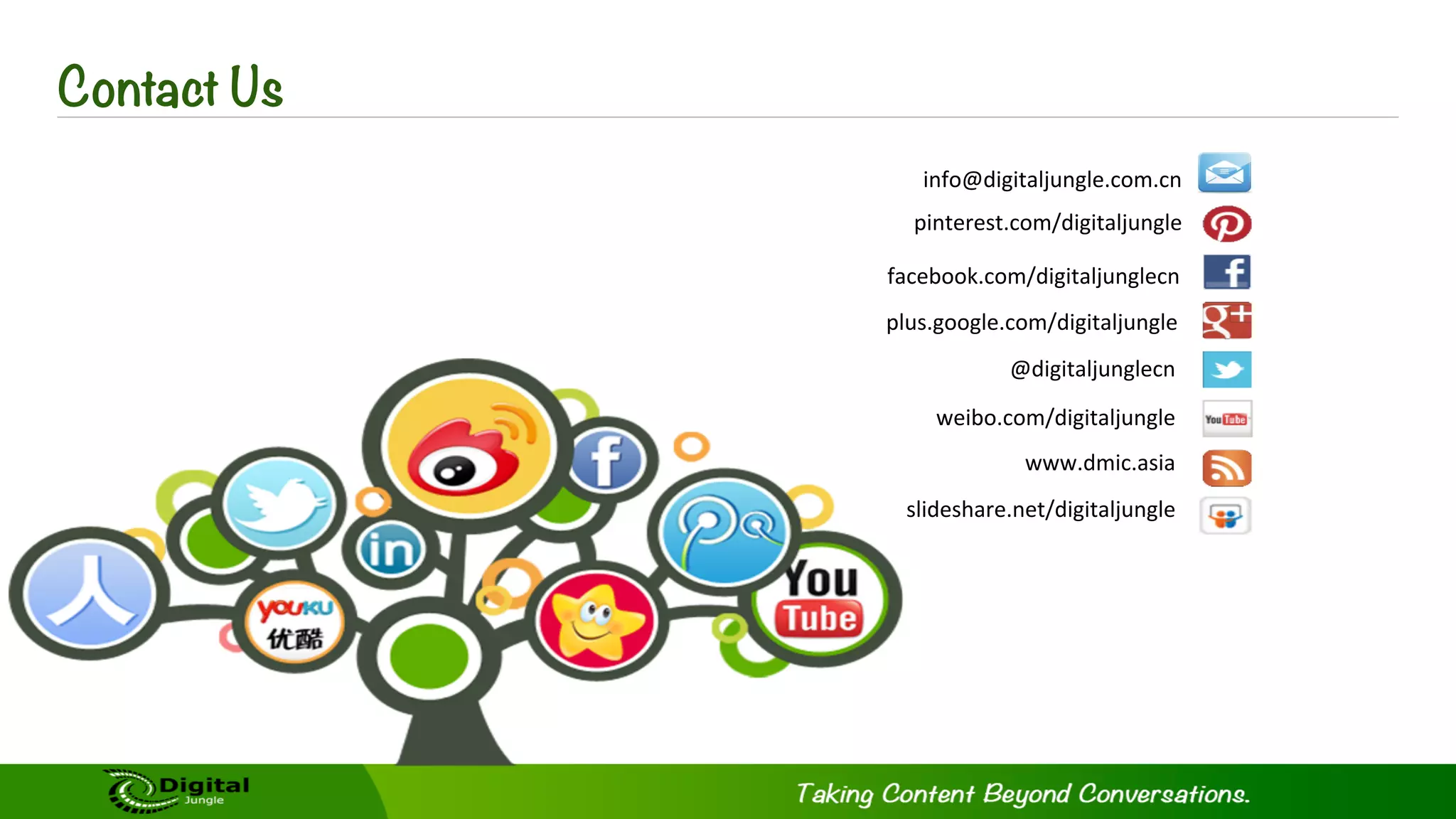 Contact Us
@digitaljunglecn	
  
plus.google.com/digitaljungle	
  
www.dmic.asia	
  
weibo.com/digitaljungle	
  
facebook.com/digitaljunglecn	
  
pinterest.com/digitaljungle	
  
slideshare.net/digitaljungle	
  	
  
info@digitaljungle.com.cn	
  
 