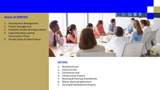 SECTORS
1. Residential land
2. Industrial land
3. Commercial land
4. Infrastructure Projects
5. Rezoning & Planning Amendments
6. Master-planning applications
7. Housing & Development Projects
1. Development Management
2. Project Management
3. Feasibility Studies & Project Advise
4. Superintendency during
Construction Phase
5. Private Equity & Debt Finance
Areas of SERVICE
 