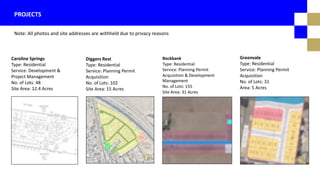 Note: All photos and site addresses are withheld due to privacy reasons
PROJECTS
Caroline Springs
Type: Residential
Service: Development &
Project Management
No. of Lots: 48
Site Area: 12.4 Acres
Diggers Rest
Type: Residential
Service: Planning Permit
Acquisition
No. of Lots: 102
Site Area: 15 Acres
Rockbank
Type: Residential
Service: Planning Permit
Acquisition & Development
Management
No. of Lots: 155
Site Area: 31 Acres
Greenvale
Type: Residential
Service: Planning Permit
Acquisition
No. of Lots: 31
Area: 5 Acres
 