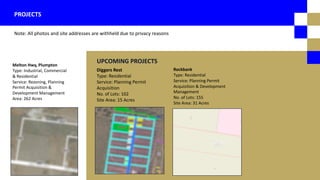 Note: All photos and site addresses are withheld due to privacy reasons
PROJECTS
Melton Hwy, Plumpton
Type: Industrial, Commercial
& Residential
Service: Rezoning, Planning
Permit Acquisition &
Development Management
Area: 262 Acres
Diggers Rest
Type: Residential
Service: Planning Permit
Acquisition
No. of Lots: 102
Site Area: 15 Acres
Rockbank
Type: Residential
Service: Planning Permit
Acquisition & Development
Management
No. of Lots: 155
Site Area: 31 Acres
UPCOMING PROJECTS
 