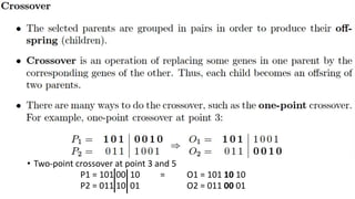 • Two-point crossover at point 3 and 5
P1 = 101 00 10 = O1 = 101 10 10
P2 = 011 10 01 O2 = 011 00 01
 