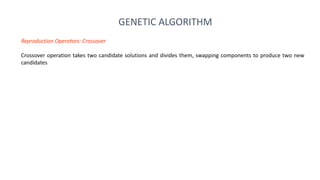 GENETIC ALGORITHM
Reproduction Operators: Crossover
Crossover operation takes two candidate solutions and divides them, swapping components to produce two new
candidates
 