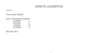 45
GENETIC ALGORITHM
Example
Find a number: 001010
Step 1. Chromosomes produced.
A) 010101 - 1
B) 111101 - 1
C) 011011 - 4 *
D) 101100 - 3 *
Best ones C & D
 