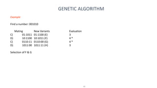46
GENETIC ALGORITHM
Example
Find a number: 001010
Mating New Variants Evaluation
C) 01:1011 01:1100 (E) 3
D) 10:1100 10:1011 (F) 4 *
C) 0110:11 0110:00 (G) 4 *
D) 1011:00 1011:11 (H) 3
Selection of F & G
 