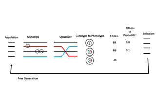 Population Mutation Crossover Genotype to Phenotype Fitness
88
66
24
Fitness
to
Probability
0.8
0.1
Selection
New Generation
 