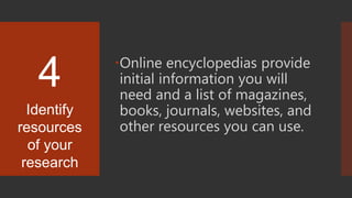 4 Online encyclopedias provide
initial information you will
need and a list of magazines,
books, journals, websites, and
other resources you can use.
Identify
resources
of your
research
 