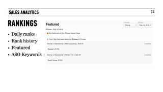 74SALES ANALYTICS
RANKINGS
• Daily ranks
• Rank history
• Featured
• ASO Keywords
 