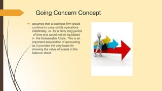 Going Concern Concept
🠶 assumes that a business firm would
continue to carry out its operations
indefinitely, i.e. for a fairly long period
of time and would not be liquidated
in the foreseeable future. This is an
important assumption of accounting
as it provides the very basis for
showing the value of assets in the
balance sheet.
 
