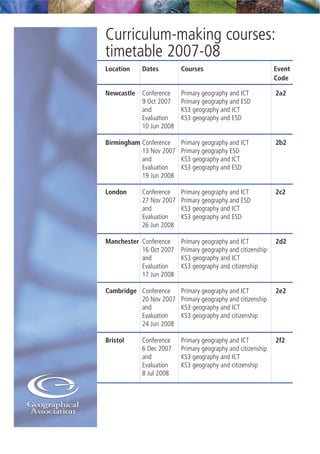 Curriculum-making courses:
timetable 2007-08
Location Dates Courses Event
Code
Newcastle Conference Primary geography and ICT 2a2
9 Oct 2007 Primary geography and ESD
and KS3 geography and ICT
Evaluation KS3 geography and ESD
10 Jun 2008
Birmingham Conference Primary geography and ICT 2b2
13 Nov 2007 Primary geography ESD
and KS3 geography and ICT
Evaluation KS3 geography and ESD
19 Jun 2008
London Conference Primary geography and ICT 2c2
27 Nov 2007 Primary geography and ESD
and KS3 geography and ICT
Evaluation KS3 geography and ESD
26 Jun 2008
Manchester Conference Primary geography and ICT 2d2
16 Oct 2007 Primary geography and citizenship
and KS3 geography and ICT
Evaluation KS3 geography and citizenship
17 Jun 2008
Cambridge Conference Primary geography and ICT 2e2
20 Nov 2007 Primary geography and citizenship
and KS3 geography and ICT
Evaluation KS3 geography and citizenship
24 Jun 2008
Bristol Conference Primary geography and ICT 2f2
6 Dec 2007 Primary geography and citizenship
and KS3 geography and ICT
Evaluation KS3 geography and citizenship
8 Jul 2008
 