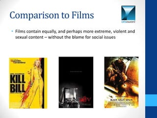Comparison to Films
• Films contain equally, and perhaps more extreme, violent and
  sexual content – without the blame for social issues
 