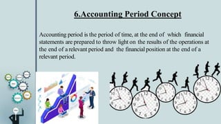 6.Accounting Period Concept
Accounting period is the period of time, at the end of which financial
statements are prepared to throw light on the results of the operations at
the end of arelevant period and the financial position at the end of a
relevant period.
 