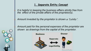 1. Separate Entity Concept
 It is helpful in keeping the business affairs strictly free from
the effect of the private affairs of the proprietor(s).
 Amount invested by the proprietor is shown as“Liability”.
 Amount paid for the personal expenses of the proprietor are
shown as drawings from the capital of the proprietor.
 