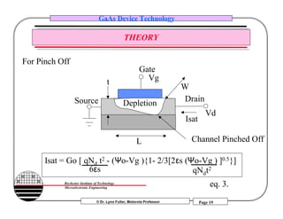 © Dr. Lynn Fuller, Motorola Professor
Rochester Institute of Technology
Microelectronic Engineering
GaAs Device Technology
Page 19
THEORY
Gate
Source Drain
L
Isat
W
t
Vd
For Pinch Off
Channel Pinched Off
Isat = Go [ qNd t2 - (Ψo-Vg ){1- 2/3[2εs (Ψo-Vg ) ]0.5}]
Depletion
Vg
qNdt26εs
eq. 3.
 