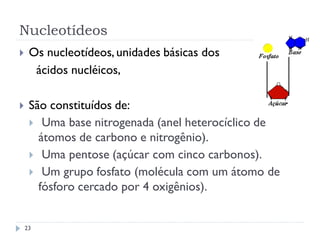 Nucleotídeos
 Os nucleotídeos,unidades básicas dos
ácidos nucléicos,
 São constituídos de:
 Uma base nitrogenada (anel heterocíclico de
átomos de carbono e nitrogênio).
 Uma pentose (açúcar com cinco carbonos).
 Um grupo fosfato (molécula com um átomo de
fósforo cercado por 4 oxigênios).
23
 