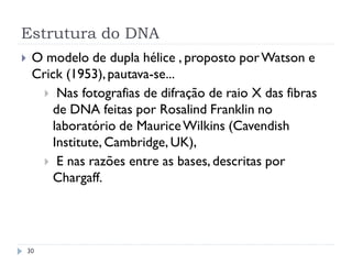 Estrutura do DNA
 O modelo de dupla hélice , proposto porWatson e
Crick (1953),pautava-se...
 Nas fotografias de difração de raio X das fibras
de DNA feitas por Rosalind Franklin no
laboratório de MauriceWilkins (Cavendish
Institute, Cambridge, UK),
 E nas razões entre as bases, descritas por
Chargaff.
30
 
