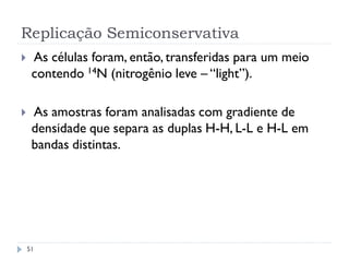 Replicação Semiconservativa
 As células foram, então, transferidas para um meio
contendo 14N (nitrogênio leve – “light”).
 As amostras foram analisadas com gradiente de
densidade que separa as duplas H-H, L-L e H-L em
bandas distintas.
51
 