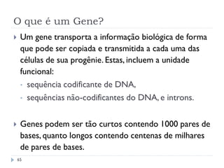 O que é um Gene?
65
 Um gene transporta a informação biológica de forma
que pode ser copiada e transmitida a cada uma das
células de sua progênie. Estas, incluem a unidade
funcional:
• sequência codificante de DNA,
• sequências não-codificantes do DNA, e introns.
 Genes podem ser tão curtos contendo 1000 pares de
bases, quanto longos contendo centenas de milhares
de pares de bases.
 