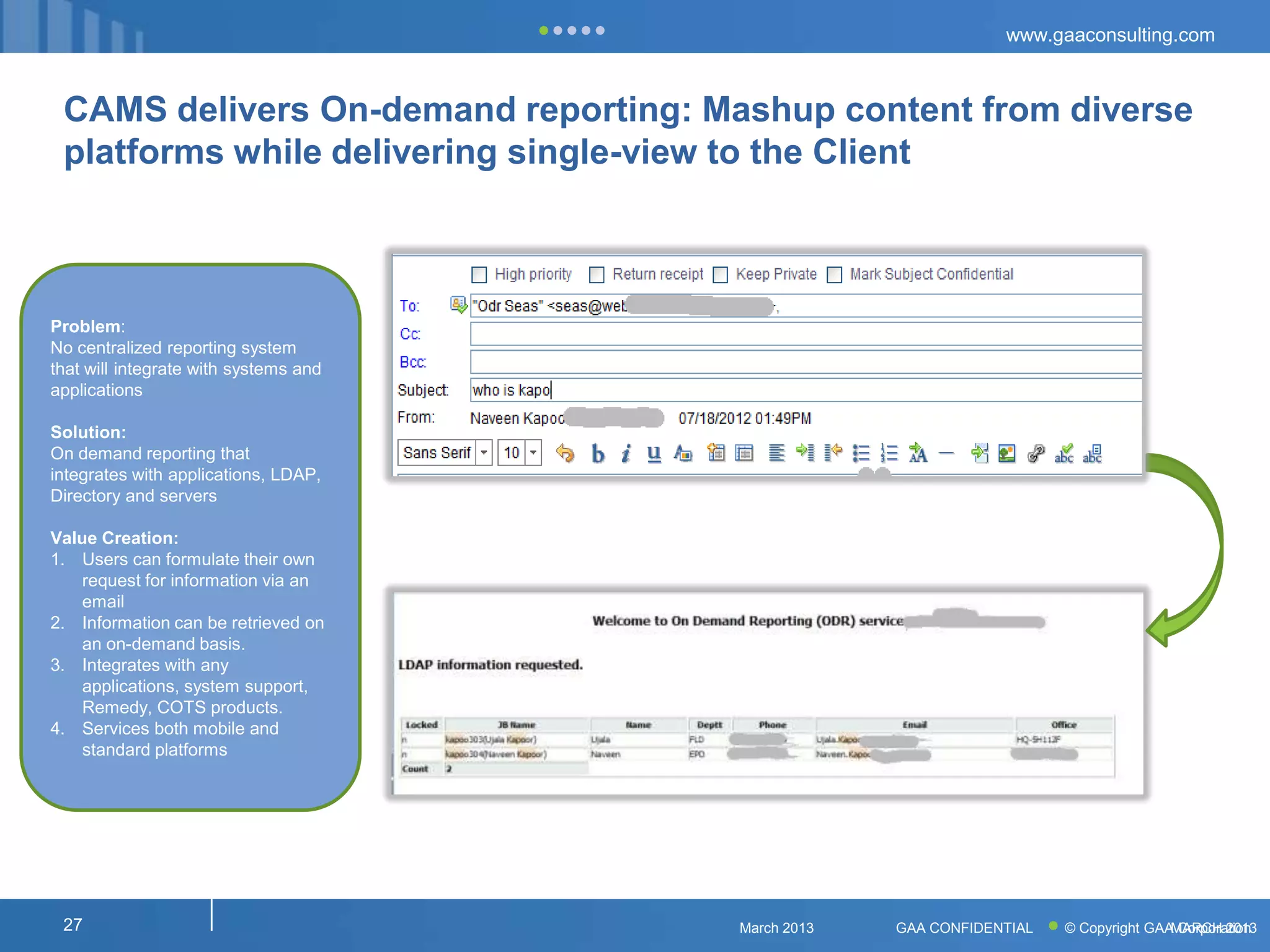 www.gaaconsulting.com



 CAMS delivers On-demand reporting: Mashup content from diverse
 platforms while delivering single-view to the Client



Problem:
No centralized reporting system
that will integrate with systems and
applications

Solution:
On demand reporting that
integrates with applications, LDAP,
Directory and servers

Value Creation:
1. Users can formulate their own
    request for information via an
    email
2. Information can be retrieved on
    an on-demand basis.
3. Integrates with any
    applications, system support,
    Remedy, COTS products.
4. Services both mobile and
    standard platforms




 27                                    March 2013   GAA CONFIDENTIAL   © Copyright GAA Corporation
                                                                                      MARCH 2013
 