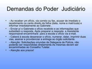 Demandas do Poder Judiciário
• - Ao receber um ofício, via correio ou fax, acusar de imediato o
  recebimento no canto direito da folha (data, nome e matrícula) e
  informar imediatamente ao Gabinete .
• - Enviar p/ o Gabinete o ofício recebido e as informações que
  subsidiem a resposta. Após preparar a resposta a Assistente
  responsável encaminhará para a escola o ofício via e-mail.
• - Caberá à escola desanexar o ofício, numerar, datar, imprimir duas
  vias, assinar e providenciar a entrega ao órgão solicitante.
• - Atenção: Solicitações oriundas de Delegacia de Polícia, não
  poderão ser respondidas diretamente.As mesmas devem ser
  encaminhadas ao Conselho Tutelar.
• - Atenção aos prazos!
 