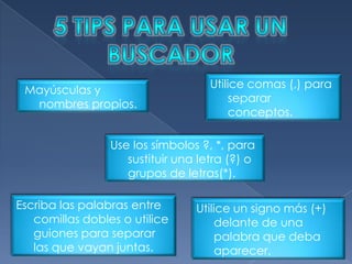 Mayúsculas y
nombres propios.

Utilice comas (,) para
separar
conceptos.

Use los símbolos ?, *, para
sustituir una letra (?) o
grupos de letras(*).
Escriba las palabras entre
comillas dobles o utilice
guiones para separar
las que vayan juntas.

Utilice un signo más (+)
delante de una
palabra que deba
aparecer.

 