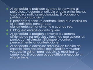 








Al periodista le publican cuando le conviene al
periódico, o cuando el articulo encaja en las fechas
o con otras noticias relacionadas. El bloguero lo
publica cuando quiere.
El periodista si tiene un contrato, tiene que escribir en
la periodicidad concertada:
diariamente, semanalmente o cuando sea.
El bloguero escribe cuando quiere.
Al periodista le pueden contestar los lectores
difiriendo de sus artículos y teniendo que aclarar los
puntos con el director. El bloguero controla
personalmente las contestaciones.
Al periodista le editan los artículos, en función del
espacio físico disponible del periódico y muchas
veces se lo editan para reducirlo o modificar su
contenido. El bloguero puede utilizar el espacio sin
ningún limite.

 