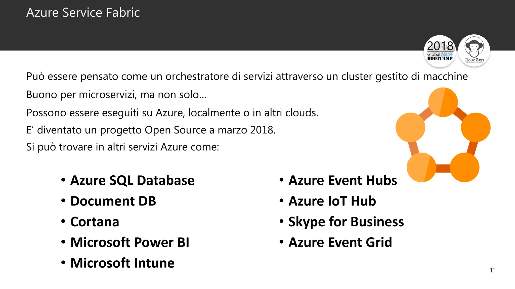 11
Azure Service Fabric
Può essere pensato come un orchestratore di servizi attraverso un cluster gestito di macchine
Buono per microservizi, ma non solo…
Possono essere eseguiti su Azure, localmente o in altri clouds.
E’ diventato un progetto Open Source a marzo 2018.
Si può trovare in altri servizi Azure come:
• Azure SQL Database
• Document DB
• Cortana
• Microsoft Power BI
• Microsoft Intune
• Azure Event Hubs
• Azure IoT Hub
• Skype for Business
• Azure Event Grid
 