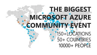 THE BIGGEST
MICROSOFT AZURE
COMMUNITY EVENT
150+LOCATIONS
50+ COUNTRIES
10000+ PEOPLE
 
