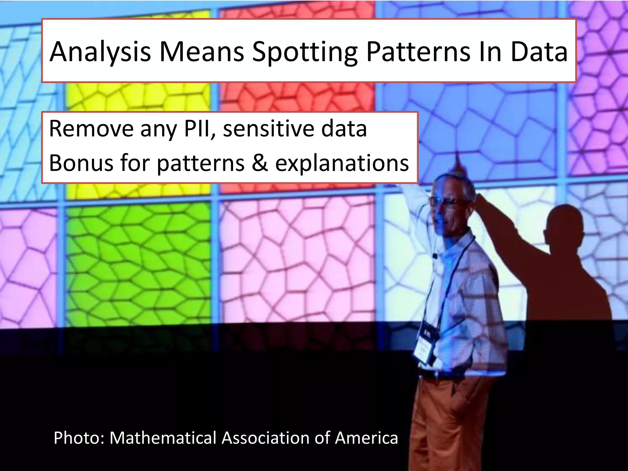 Analysis Means Spotting Patterns In Data
Remove any PII, sensitive data
Bonus for patterns & explanations

Photo: Mathematical Association of America

 