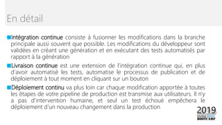 ■Intégration continue consiste à fusionner les modifications dans la branche
principale aussi souvent que possible. Les modifications du développeur sont
validées en créant une génération et en exécutant des tests automatisés par
rapport à la génération
■Livraison continue est une extension de l'intégration continue qui, en plus
d'avoir automatisé les tests, automatise le processus de publication et de
déploiement à tout moment en cliquant sur un bouton
■Déploiement continu va plus loin car chaque modification apportée à toutes
les étapes de votre pipeline de production est transmise aux utilisateurs. Il n'y
a pas d'intervention humaine, et seul un test échoué empêchera le
déploiement d'un nouveau changement dans la production
En détail
 