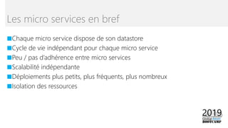 ■Chaque micro service dispose de son datastore
■Cycle de vie indépendant pour chaque micro service
■Peu / pas d’adhérence entre micro services
■Scalabilité indépendante
■Déploiements plus petits, plus fréquents, plus nombreux
■Isolation des ressources
Les micro services en bref
 