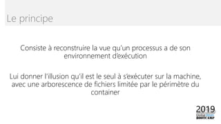 Consiste à reconstruire la vue qu’un processus a de son
environnement d’exécution
Lui donner l’illusion qu’il est le seul à s’exécuter sur la machine,
avec une arborescence de fichiers limitée par le périmètre du
container
Le principe
 