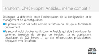 Distinguer la différence entre l'orchestration de la configuration et le
management de la configuration:
■le premier inclut des outils comme Terraform ou DsC qui automatise le
déploiement
■le second inclut d'autres outils comme Ansible qui aide à configurer les
systèmes (création de compte de services, ...) et applications
(installation de SQL Server, ...) sur des infrastructures préalablement
déployées avec Terraform
Terraform, Chef, Puppet, Ansible… même combat ?
 