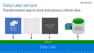 Data Lake service
Transformative way to store and process infinite data
Other analytic
solutions SQL Data
Warehouse
 