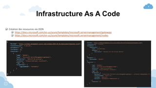 8
Infrastructure As A Code
 Création des ressources via JSON
 https://docs.microsoft.com/en-us/azure/templates/microsoft...