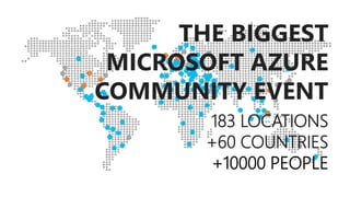 THE BIGGEST
MICROSOFT AZURE
COMMUNITY EVENT
183 LOCATIONS
+60 COUNTRIES
+10000 PEOPLE
 