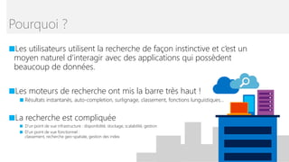 ■Les utilisateurs utilisent la recherche de façon instinctive et c’est un
moyen naturel d’interagir avec des applications qui possèdent
beaucoup de données.
■Les moteurs de recherche ont mis la barre très haut !
■ Résultats instantanés, auto-completion, surlignage, classement, fonctions lunguistiques…
■La recherche est compliquée
■ D’un point de vue infrastructure : disponibilité, stockage, scalabilité, gestion
■ D’un point de vue fonctionnel :
classement, recherche geo-spatiale, gestion des index
Pourquoi ?
 