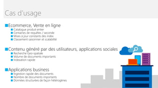 ■Ecommerce, Vente en ligne
■ Catalogue produit entier
■ Centaines de requêtes / seconde
■ Mises à jour constants des index
■ Classement saisonnier et scalabilité
■Contenu généré par des utilisateurs, applications sociales
■ Recherche Geo-spatiale
■ Volume de documents importants
■ Indexation rapide
■Applications business
■ Ingestion rapide des documents
■ Nombre de documents importants
■ Données structurées de façon hétérogènes
Cas d’usage
 