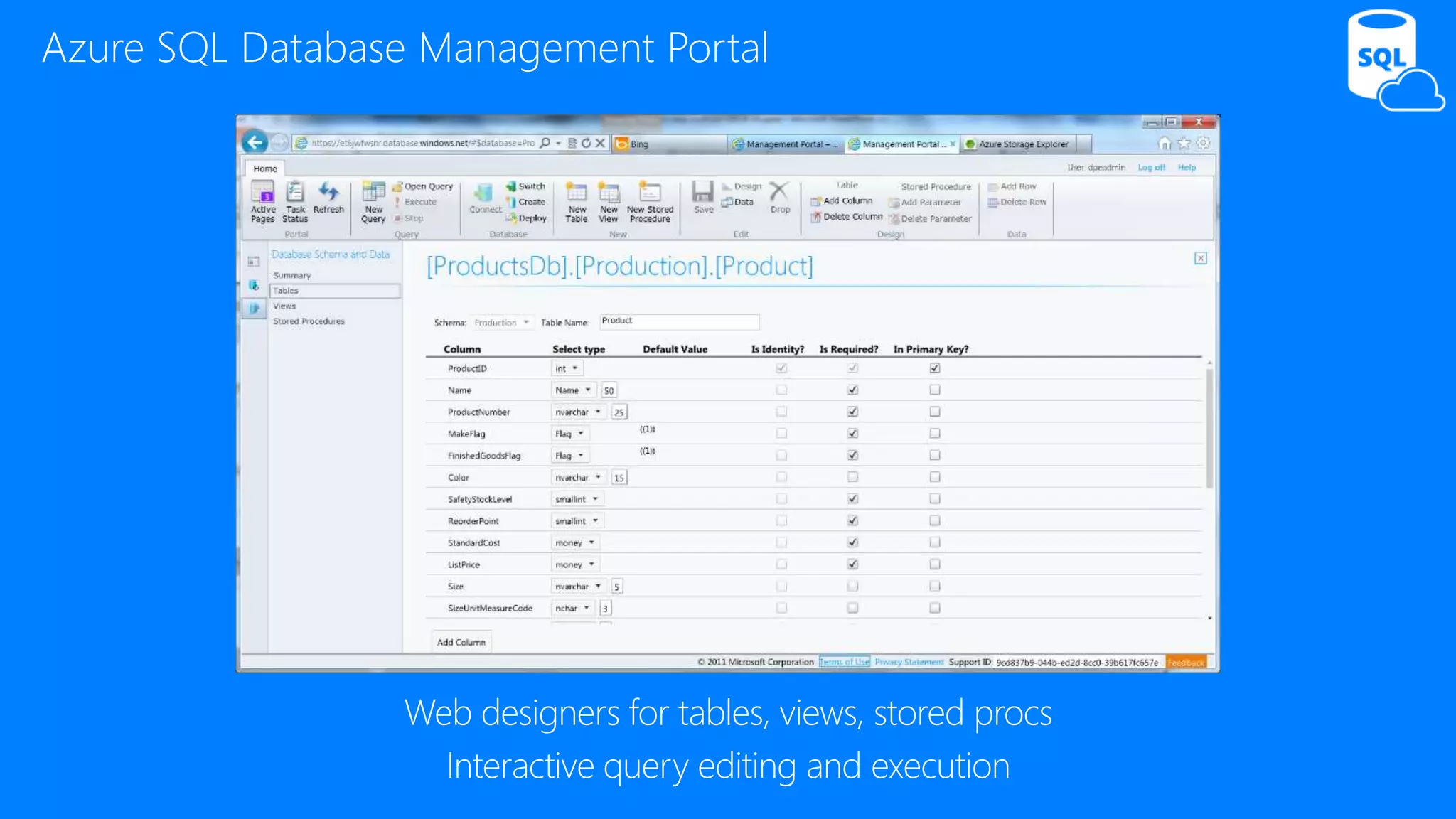 Web designers for tables, views, stored procs
Interactive query editing and execution
Azure SQL Database Management Portal
 