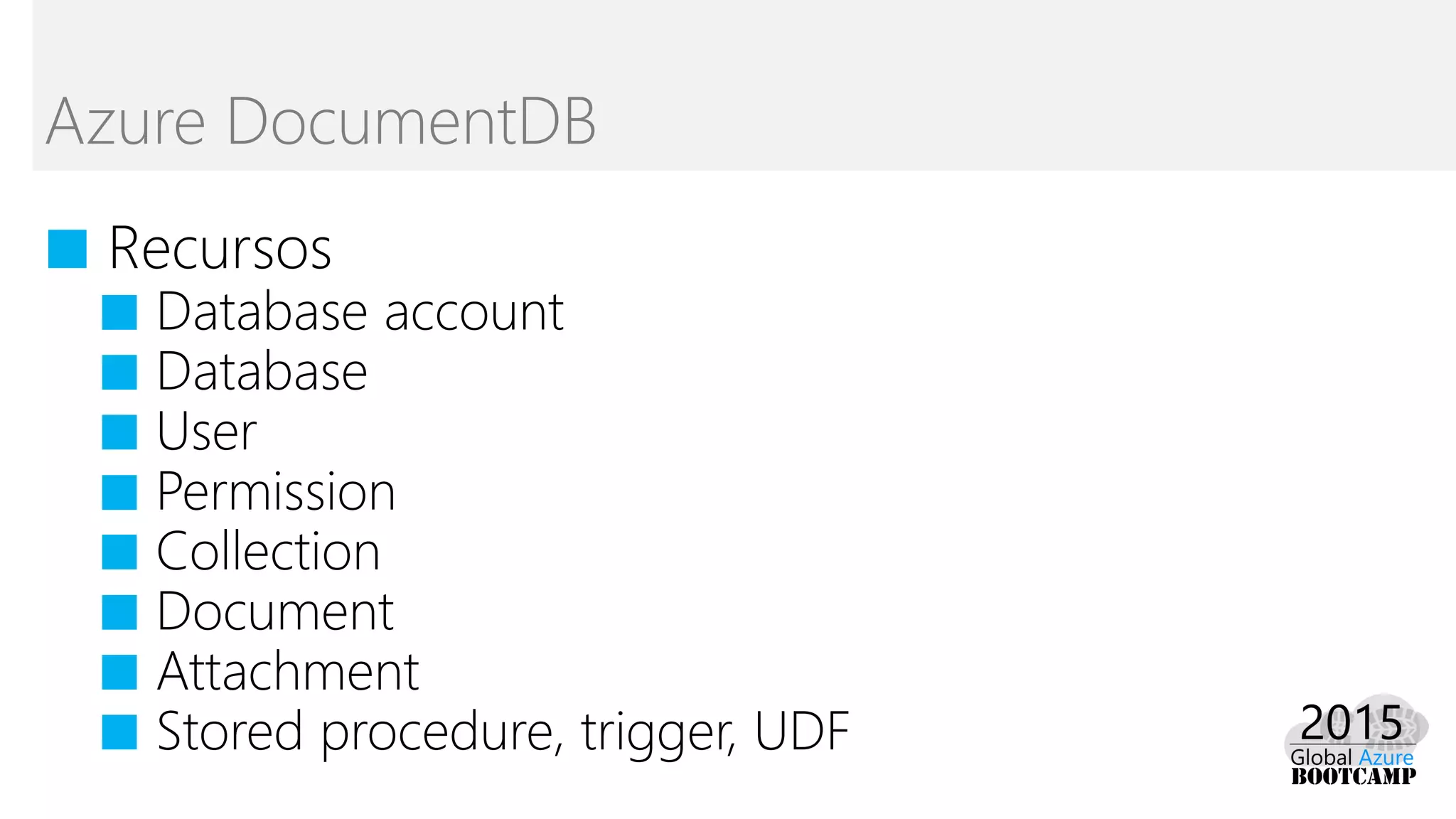 ■ Recursos
■ Database account
■ Database
■ User
■ Permission
■ Collection
■ Document
■ Attachment
■ Stored procedure, trigger, UDF
Azure DocumentDB
 