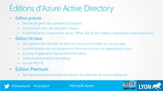 Microsoft Azure#GlobalAzure #ViseoSpirit
• Édition gratuite
– Permet de gérer des comptes d'utilisateur,
– synchroniser avec des annuaires locaux,
– Authentification unique entre Azure, Office 365 et des milliers d'applications SaaS populaires.
• Édition De base
– Une gestion des identités en libre-service et accès basée sur les groupes,
– la réinitialisation de mot de passe en libre-service pour les applications cloud,
– le proxy d'application Azure Active Directory
– marque personnalisée (branding)
– SLA de 99,9 %.
• Édition Premium
– Des fonctionnalités enrichies de gestion des identités de niveau entreprise.
Éditions d'Azure Active Directory
10
 